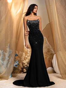 Glamrae Elegant Black Satin Bustier High Waist Fishtail Trailing Evening Gown, Formal, Party Dress, For Wedding Guest - Black - View 4