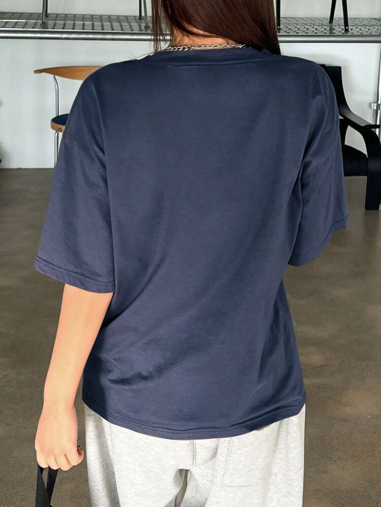 Loose Fit Drop Shoulder Short Sleeve T-Shirt With Alphabet Embroidery Oversized T-Shirt