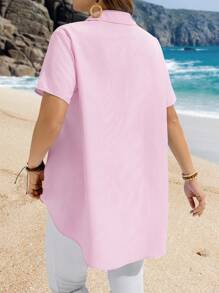 EMERY ROSE 大码休闲条纹衬衫，简约时尚，适合日常穿着，夏季，波西米亚风 - 粉色 - 查看 2