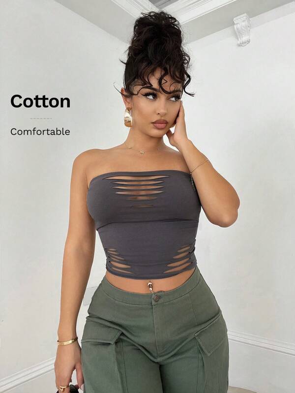 SHEIN BAE Solid Color Distressed Hollow Out Grungy Style Fitted Cropped Top, Versatile Daily, Streetwear, Concert, Party, Music Festival Attire, Sexy Women Tops