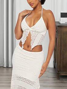 INAWLY Canotta da donna oversize con collo alla halter, orlo con fettuccia e senza maniche
