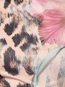 SHEIN Unity Animal Print & Floral Pattern Sleeveless Drawstring Lace Up Stand Collar Fitted T-Shirt - Multicolor - View 5