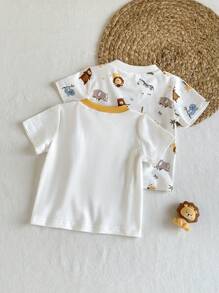 SHEIN 2pcs/Set Infant Baby/Newborn Unisex Ribbed Crew Neck White T-Shirt TOP, Cartoon Lion & Giraffe Animal Print, Cute Casual Versatile Comfortable, 0-3 Months,Spring/Summer New Arrival, Suitable For Outings, Vacation, And Birthday Party Baby Unisex Clothes - White - View 10