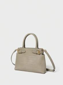 SHECARRY 女士顶部提手包鳄鱼纹秋冬上学旅行通勤工作优雅精致手提或斜挎，动物印花女包 - 灰色 - 查看 3