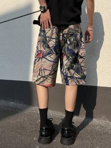 Manfinity Roghcode Men's Printed Denim Bermuda Shorts: Avant-Garde Street Casual Style With Zipper Details And A Bold Multicolor Design - Multicolor - View 2
