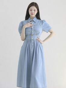 DAZY Women's Light Washed Denim Turndown Collar Waist Cinched Long Shirt Dress - Light Wash - View 1