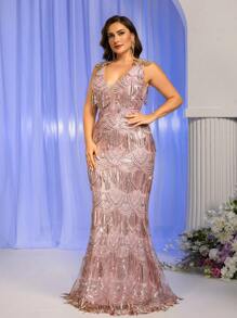 Glamrae 加大码优雅黑色正式晚礼服，肩部饰有花卉串珠刺绣，深 V 领，束腰，拖尾 - 粉色 - 查看 4