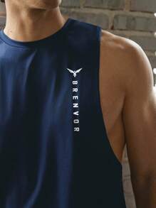 BRENVOR Conjunto de 2 piezas de hombre muscular: Camiseta sin mangas de punto casual y elegante de corte slim + Pantalón corto recto con cintura elástica y estampado de letras, color azul y blanco - Esencial para viajes, Regalo de verano para el novio
