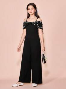 Pitira Pitira Tween Girls' Elegant Black Knit Butterfly Bead Decor Camisole Jumpsuit, Summer - Black - View 5