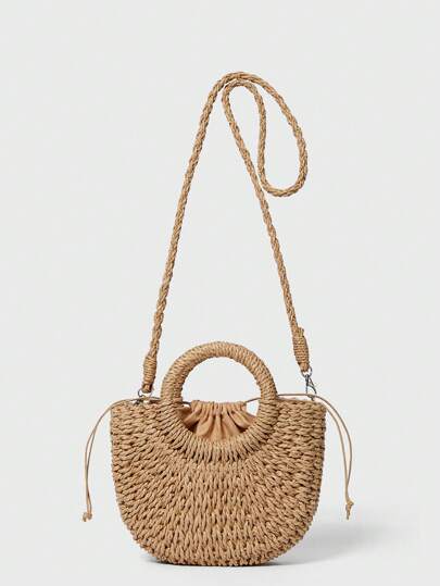 حقيبة سااتشل منسوجة مع مقبض حلقة، حقيبة قش عصرية