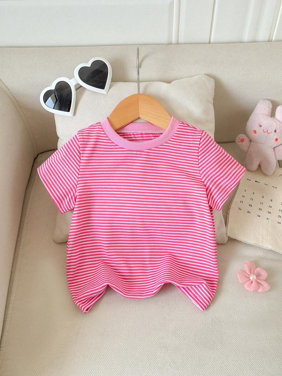 SHEIN Playful Pals Áo thun tay ngắn sọc trung tính thoải mái, giản dị cổ điển cho bé gái mặc hàng ngày - Màu Hồng Tươi - Xem 1