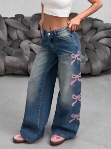 EURMUSE Casual Washed Butterfly Embroidery Wide Leg Jeans - Medium Wash - View 2