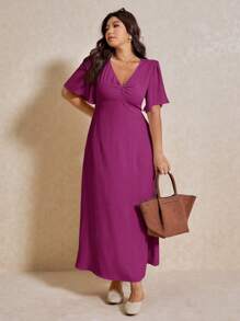 Elaquor Plus Size Casual Elegant V-Neck Cinched Waist A-Line Dress, Vacation,Summer Outfits For Women - Hot Pink - View 3