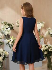 SHEIN Váy xòe viền màu trơn cho bé gái, thích hợp cho đám cưới, tiệc tùng, những dịp trang trọng - Màu xanh lam - Xem 2