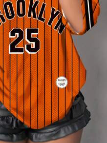 Slaydiva Plus Size Women's Letter & Number Graphic Casual T-Shirt, Suitable For Summer, Sports, Orange Stripe Brooklyn Printed Design Suitable For Going Out - Multicolor - View 3