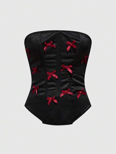 Goth Cute Boudoir Style Bowknot Detail Open Back Bandeau Cropped Top