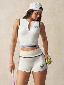 VARSITIE 高腰撞色条纹印花运动短裤 - 白色 - 查看 7