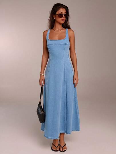 SHEIN Forever 21 Spring & Summer Outfit Women Valentine Day/Elegant/Casual/Vintage/Festival Outfits/Country Concert Outfit/Brunch Outfits/Homecoming/Easter/Guest Outfit/Tea Party Outfit/Basic/Concert Outfit Women/Prom /Wedding/Rave Outfits Festival/Formal/Cowgirl/Western/Cocktail/Club Outfit/Spring Clothes/Birthday Outfit/Cute/Classy/Going Out/Vacation/Office Outfits/Airport Outfits/2000s Style/Streetwear/Sleeveless/Maxi Denim Dress