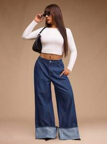 SHEIN Forever 21 春夏大码高腰/阔腿/直筒街头风牛仔裤 - 藍色 - 查看 3