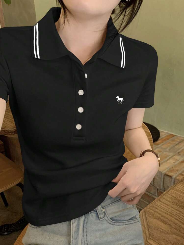 Women Casual Minimalist Contrast Collar Short Sleeve T-Shirt Preppy Tops