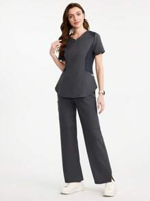 TaskEZ 短袖上衣和长裤手术服套装女夏季上衣职业装女套装女式手术服套装工作服女套装女式办公室服装 - 灰色 - 查看 6