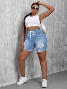 SHEIN SXY Plus Size Casual Vakantie Zomer Denim Shorts met Trekkoord en Elastische Taille
