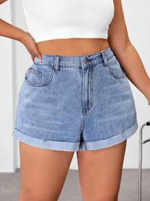 SHEIN ICON 大码女式口袋翻边休闲百搭牛仔短裤 - 藍色 - 查看 4