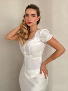 Glamine Blusa elegante da donna con scollo quadrato, orlo in pizzo, chiusura con bottoni, vestibilità slim, per uso quotidiano, adatta per primavera/estate