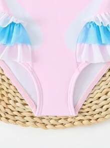 SHEIN Baby Girl Cute Swan Print Contrast Mesh One-Piece Swimsuit, Summer - Pink - View 5