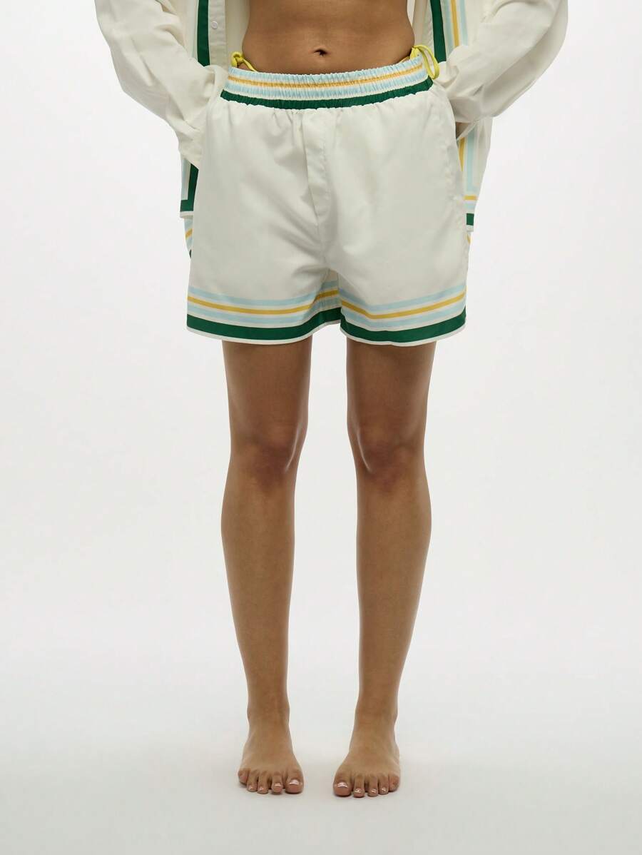 SUMWON WOMEN Elastic Waist Drawstring Shorts Summer Loungewear ComFortable Pyjama Style Striped Trim Sporty Beach Shorts - White - View 1