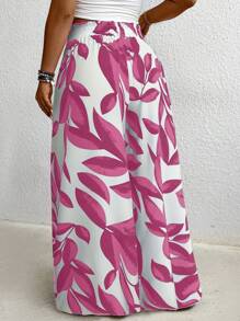 Plus Size Women's Vacation Plant Print Drawstring Waist Wide Leg Pants Fall Cloth For Women - Pink - View 2