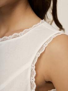 Poéselle 女士衬衫袖纯色简约休闲上衣白色背心优雅衬衫蕾丝拼布背心纽扣门襟上衣女士衬衫衣服波西米亚海滩 - 白色 - 查看 6