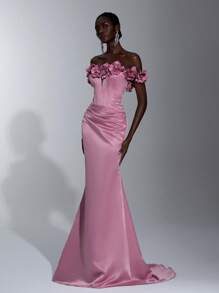 Glamrae Đầm suông trễ vai hoa sen hồng thanh lịch tuyệt đẹp lãng mạn thanh lịch satin hở vai 3D hoa ba chiều đuôi cá dây đeo có thể điều chỉnh hẹn hò kỳ nghỉ độc thân sinh nhật người lớn lễ tiệc khiêu vũ tốt nghiệp mùa về quê đám cưới sự kiện phù hợp đầm dạ hội bền chắc, trang trọng, váy dài, cho buổi tối, khách dự tiệc cưới - Bụi hồng - Xem 4