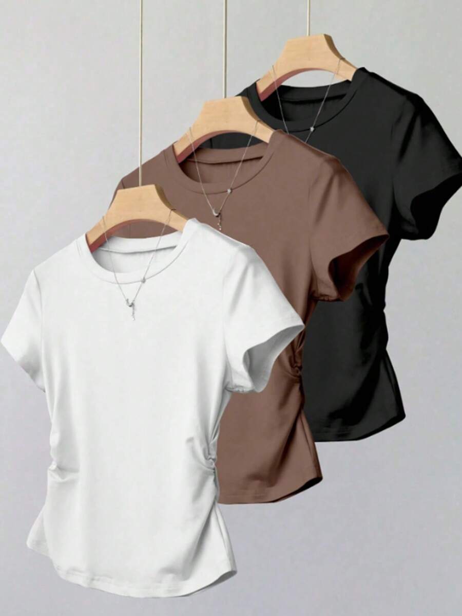 Damen Einfarbiges Rundhals Kurzarm Plissee Lässig Vielseitiges T-Shirt