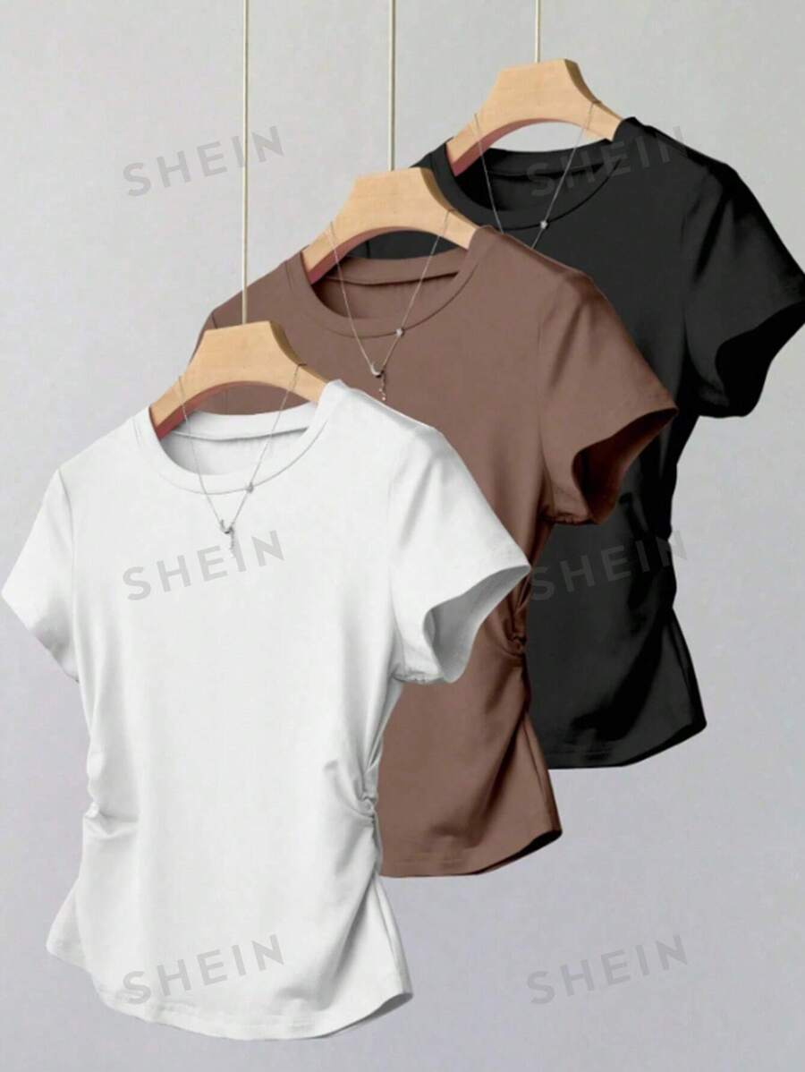 Camiseta casual versátil de mujer de unicolor, cuello redondo, manga corta y plisada