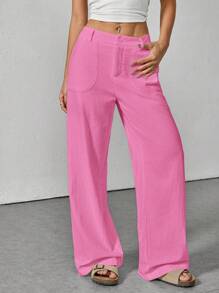 SHEIN PETITE 休闲纯色宽松低腰阔腿裤