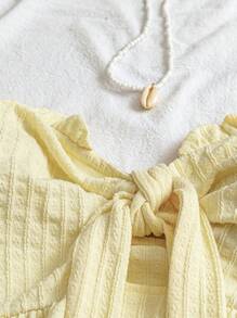 SHEIN VCAY Plus Size Women's Yellow Front Tie Bow Crop Top, Romantic Bohemian Beach Island Strapless Top Butter Yellow Crop Holiday Tube Cute Tops Cute Summer Tops Summer Boho Brunch Airport Beach Vacation City Holiday Old Money - Yellow - View 7