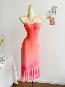 Soleia Bohemian  ,Boho, Romantic Floral ,Vacation, Floral  4th Of July Clothes  Rave Outfits White Graduation Dress Party Dress Graduation Outfit 4th Of July Dress  Butter Yellow 4th Of July Festival Concert Vacation Dress Vacation Ombre Long Dress With Metal Decor Ruffle Collar - Multicolor - View 3