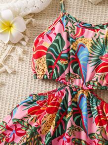 SHEIN Vestido con estampado de plantas tropicales, corte en la cintura y tirantes para niña, para vacaciones de verano - Multicolor - Ver 4