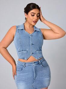 SHEIN Essnce Plus Size Women Fitted Minimalist Denim Jacket - Blue - View 7