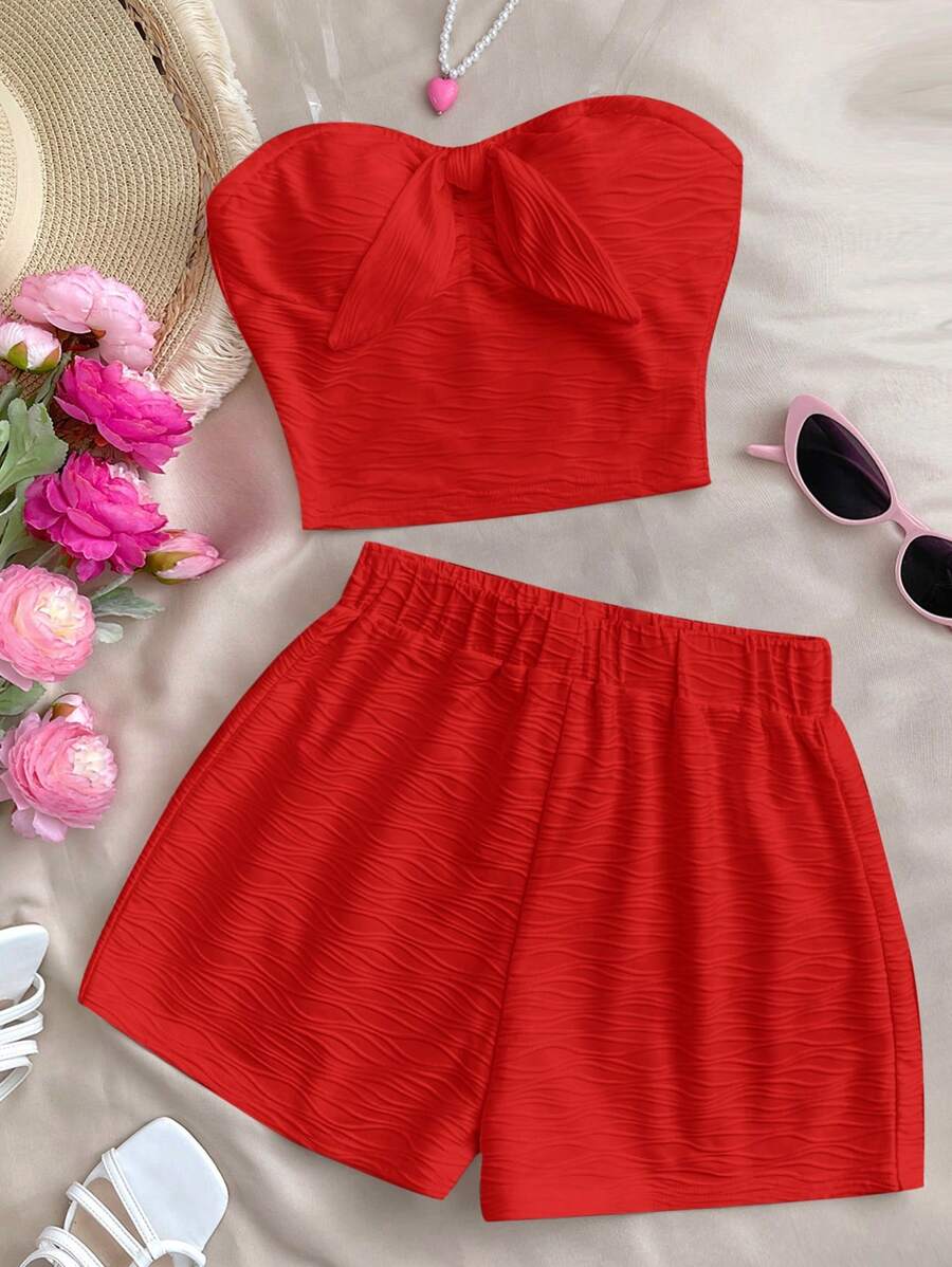 SHEIN 青少年女孩休闲度假两件套纹理抹胸短款上衣和高腰短裤套装 - 紅色 - 查看 1