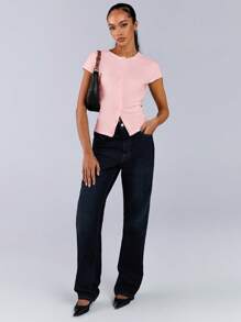 Athîral Camiseta casual de mujer de unicolor con botones delanteros y mangas cortas