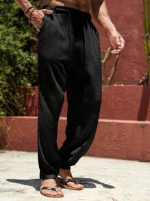 Manfinity RSRT Men's Solid Color Drawstring Waist Pocket Casual Jogger Pants - Black - View 5