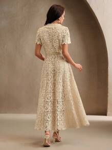 Anewsta Women's V-Neck Cinched Waist Elegant Fitted Lace Midi Dress - Apricot - View 2