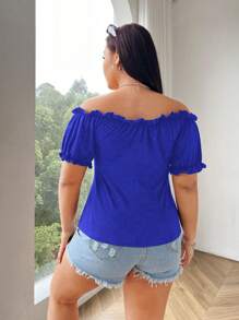 Flirla Plus Size Off-Shoulder Short Sleeve T-Shirt, Solid Color, Fashion, Suitable For Summer - Royal Blue - View 2