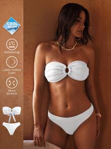 MOTF PREMIUM BACK KNOT RING DETAIL STRAPLESS BIKINI SET FOR SUMMER BEACH VACATION - Beige - View 1