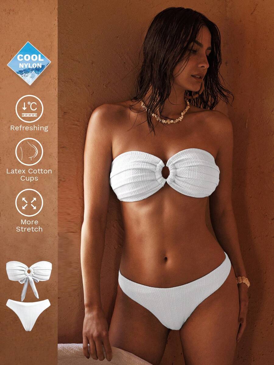 MOTF PREMIUM BACK KNOT RING DETAIL STRAPLESS BIKINI SET FOR SUMMER BEACH VACATION - Beige - View 1