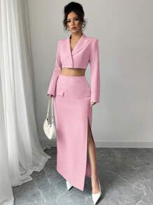 Chiquease High-Quality Fashion Business Formal Purple Woven Fabric V-Neck Dropped Shoulder Long Sleeve Cropped Top With Patch Pocket And Side Split, High-Waist Straight Pants Suit, New Spring Women Clothing Sets - Pink - View 4