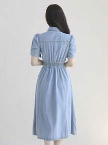 DAZY Women's Light Washed Denim Turndown Collar Waist Cinched Long Shirt Dress - Light Wash - View 2