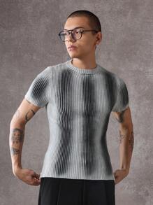 SUMWON Ribbed Fitted Short Sleeve Knit Top Premium Structured Crewneck T-Shirt Modern Minimalist Athletic Style Contemporary Urban Essential Streetwear - Light Grey - View 6